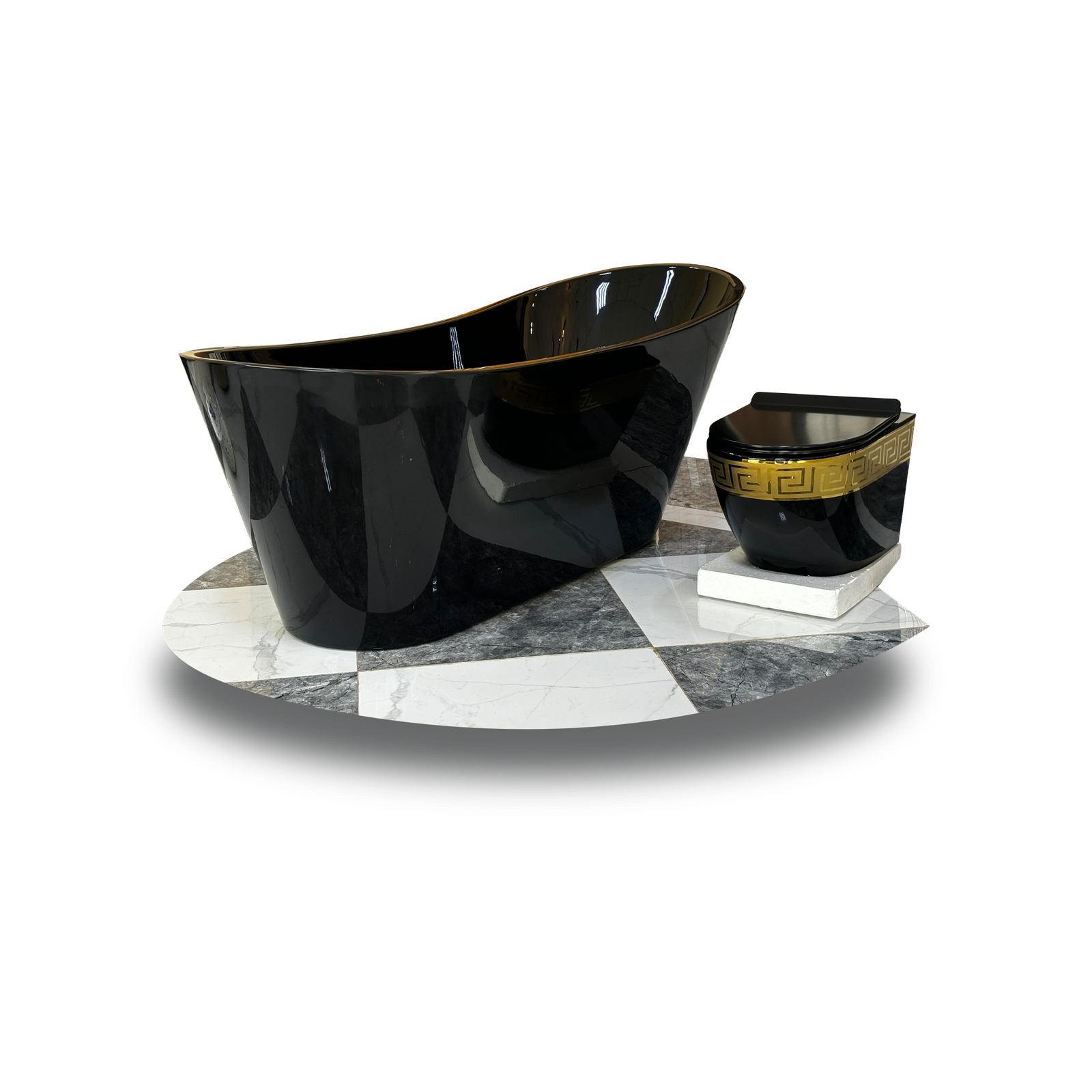 Black bath and toilet suite with gold detailing