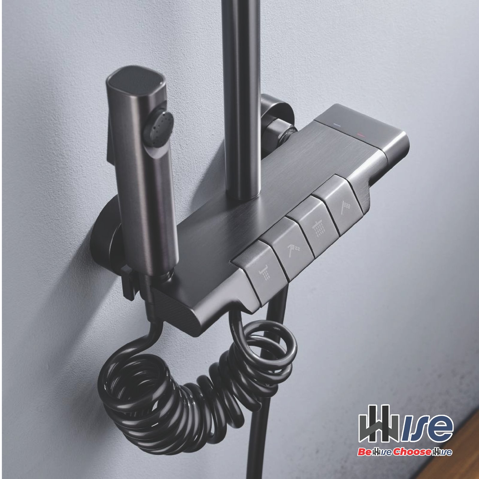 Black multifunction shower control with hand sprays