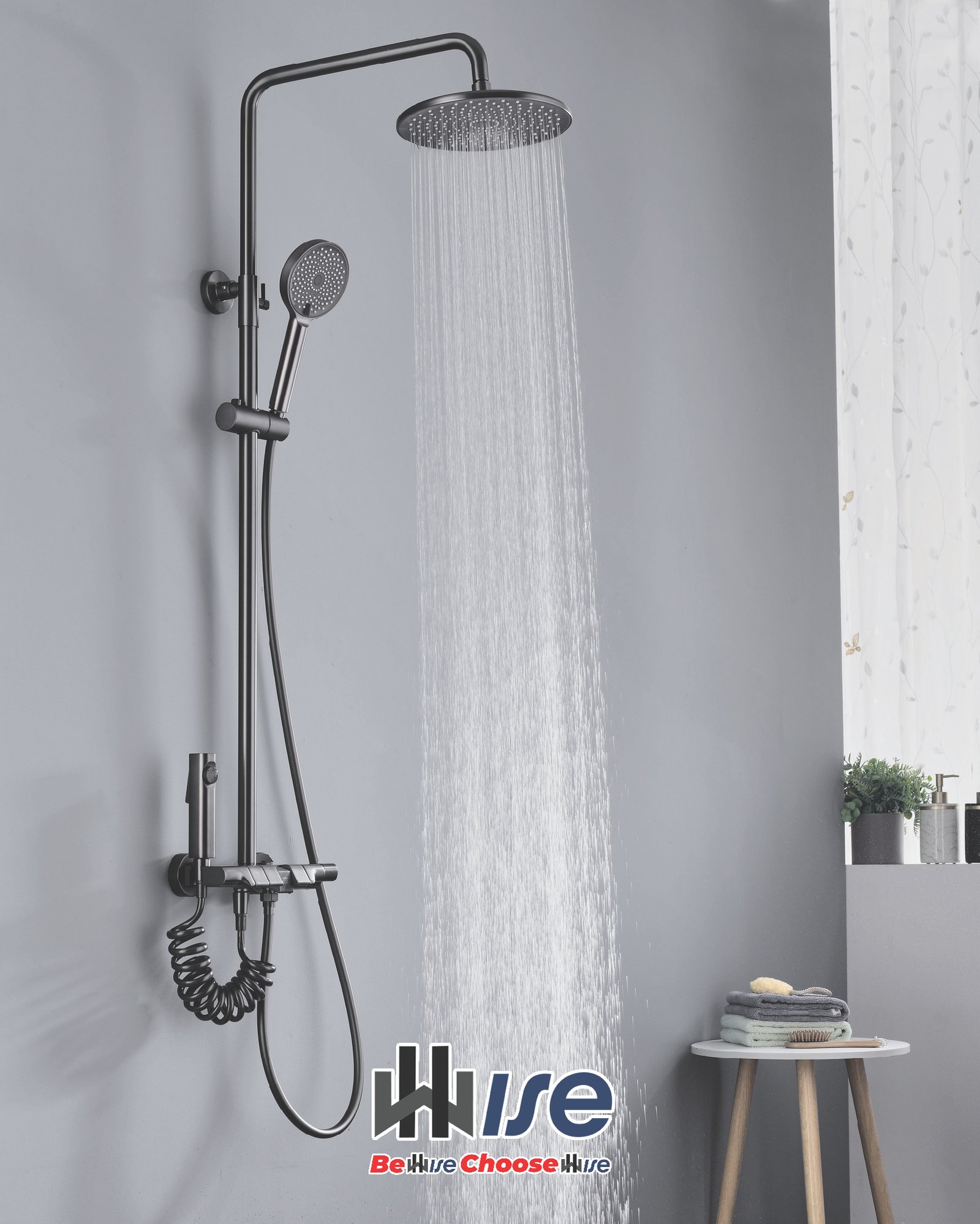 Black rainfall shower system running